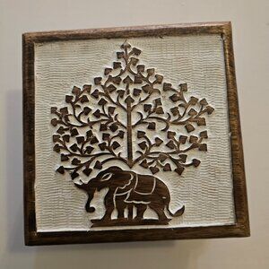 Carved Wood Elephant Box 7x7 Tree of Life Lid Boho Handmade Decor Storage